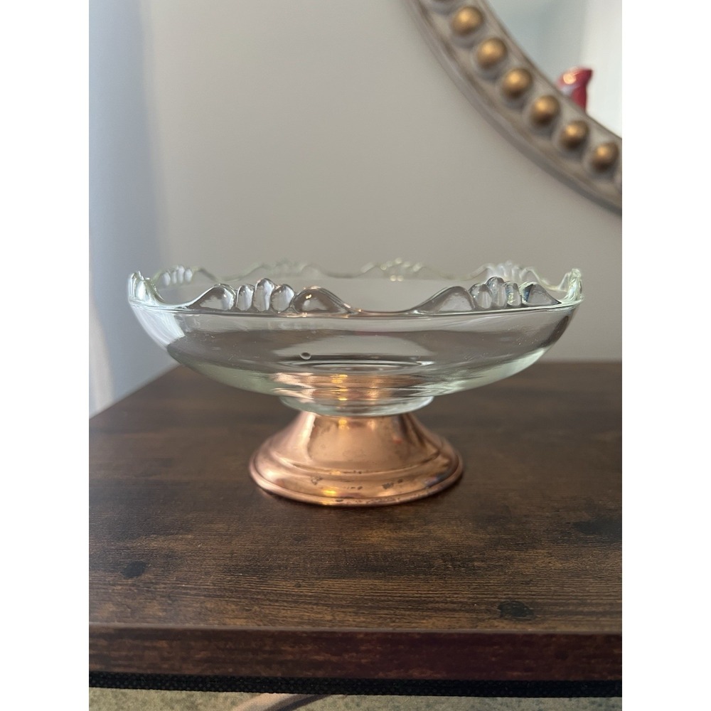 Princess House Heritage Glass Pedestal Bowl Copper Base Vintage 7" Compote